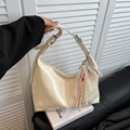 Chic beige large capacity hobo tote bag with lace bow decoration and smooth finish - White With Pendant