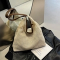 Sac seau tissé beige de style français avec anses en cuir marron pour femmes - Beige Sans Pendentif