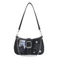 Chique zwarte denim halvemaanvormige tas met sterpatroon, zilveren ketting en schouderband - Zwart