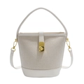 Bolso tipo cubo vintage en tela beige y cuero blanco con herrajes dorados elegantes - Blanco
