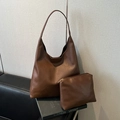 Brown lychee leather tote and pouch set, minimalist oversized hobo bag for women - Coffee