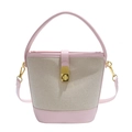 Bolso cubo bicolor en lona beige y cuero rosa con elegante cierre giratorio dorado - Rosa