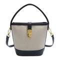 Retro contrast bucket bag in beige canvas and black leather trim with gold lock - Black