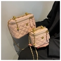 Pink quilted rhombus bucket bag with camellia hardware in two sizes for women - Large / Pink