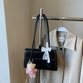 Glossy black patent leather shoulder bag with white lace bow and teddy bear charm - With Pendant Style (JM-1909) / Black with Pendant