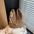 Khaki crochet straw hobo bag with white lace ribbon for summer beach vacation styling - Khaki with Pendant