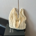 Chic cream-white crochet hollow knit tote bag for women's summer beach vacation - Beige No Pendant