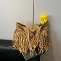 Bohemian style straw tote bag in natural finish with long fringe tassels and handles - Khaki