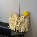 Chic off-white woven straw tote bag with long tassels for summer beach vacation - White
