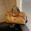Grande borsa da viaggio in tela beige e pelle marrone con tracolla regolabile - Cachi