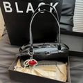 Glossy black patent leather pillow bag with pearl red heart charm in gift box - Black With Pendant / Black