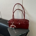 Minimalist burgundy patent leather shoulder bag with silver hardware and heart charm - Red With Pendant / Red