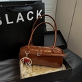 Chic brown leather bowling bag with heart pearl charm in luxury black gift box - Brown With Charm / Brown