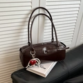 Dark brown retro glossy shoulder bag with a red heart pearl charm and long handles - Coffee With Pendant / Coffee