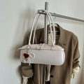 Chic cream white baguette bag with red heart pearl charm and double handles - White With Charm / White