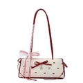 Cream shoulder bag with red bows, heart pendant, and gingham ribbon strap detail - White