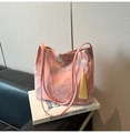 Pink embroidered bucket bag with traditional floral patterns and yellow tassel - Pink