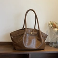 Brown crocodile pattern faux leather tote bag with drawstrings and gold buckle detail - Brown
