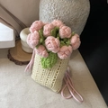 Secchiello lavorato a maglia giallo chiaro con fiori rosa e tracolla sottile fatta a mano - Beige con Rosa