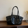 Large black faux crocodile leather tote bag with gold hardware buckle and long straps - Black