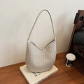 Elegante cremefarbene gewebte Hobo-Schultertasche mit weicher Flechtoptik für Damen - Hellkaffeegrau