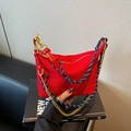 Women's bright red nylon chain dumpling bag with woven strap and gold chain detail - Burgundy