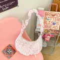 Bolso plisado de rayas rosa y blanco con lazos y correa de hombro con volantes - Rosa