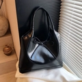 Minimalist black glossy PU leather tote bag with elegant bow detail for women - Large / L Black