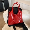 Glossy red faux leather tote bag with elegant bow detail and large capacity for women - Large / Large Size Red