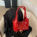 Glossy red faux leather tote bag with a large bow detail and minimalist design - Small Red