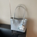 Silver checkerboard tote bag with star plush charm and metallic brand plate - Silver