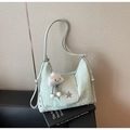 Detail of light green pleated fabric bag with rhinestone star and white cloud plush charm - Green