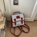 Zaino a scacchi blu e bianchi con finiture in pelle rossa e ricamo a mela - Rosso