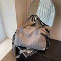 Large grey pleated canvas tote bag with adjustable shoulder strap for women - Gray