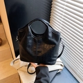 Elegant black crocodile pattern bucket bag with a circular handle and silver hardware - Black without Pendant
