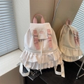 Sac à dos chic en toile blanche à pois roses avec élégants volants double couche - Blanc Cassé