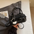 Black marble cylinder bag with bow and heart mirror charm for women on shoulder strap - Black
