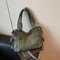 Olive green tote bag with vintage rivets and adjustable shoulder strap for women - Dark Green