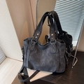 Dark grey retro large capacity tote bag with rivet details and detachable strap - Black