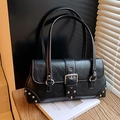 Classic black PU leather underarm bag with vintage silver buckle and rivet accents - Black