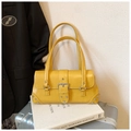 Chic yellow glossy PU leather shoulder bag with oversized silver buckle and rivet details - Yellow