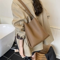 Retro dark brown pebbled leather bucket bag with wide strap for autumn winter - Khaki