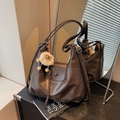 Vintage dark brown tote bag with retro faux leather texture and cute lion pendant charm - Coffee (With Pendant)