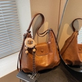 Brown leather large capacity hobo shoulder bag with a cute plush sheep charm - Brown (With Pendant)