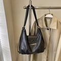 Minimalist charcoal grey PU leather hobo tote bag with vintage gradient finish - Black