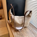 Khaki suede hobo shoulder bag with leather strap and decorative wooden beads - With Charm / Khaki