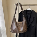 Deep brown retro faux leather tote bag with large capacity and shoulder strap - Brown