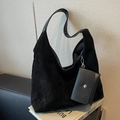Retro black suede hobo shoulder bag with matching zipper pouch and leather straps - Black Bag Set / Black