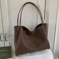 Retro dark brown woven tote bag with large capacity and soft faux leather texture - Brown