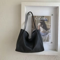 Minimalist black woven tote bag with slim shoulder straps and large capacity for women - Black